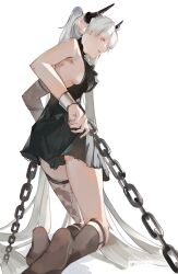 Rule 34 | 1girl, absurdres, arknights, black dress, black socks, breasts, chained sarkaz girl, chained wrists, cmdr saturn, commentary, demon girl, demon horns, dress, english commentary, full body, grey hair, highres, horns, kneehighs, kneeling, long hair, medium breasts, no shoes, open mouth, orange eyes, pointy ears, ponytail, sideboob, simple background, single thighhigh, socks, soles, solo, thighhighs, twintails, very long hair, white background