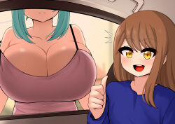 Rule 34 | 2girls, :d, absurdres, against glass, asa midori, blue hair, blue shirt, breast press, breasts, breasts on glass, brown eyes, brown hair, camisole, car interior, cleavage, glass, highres, huge breasts, long sleeves, multiple girls, open mouth, original, purple camisole, rezu (the only shoe), shirt, smile, strap slip, sweatdrop, the only shoe, thumbs up, woman scared of breasts (meme)