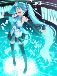 Rule 34 | 1girl, :d, aqua eyes, aqua hair, bare shoulders, black thighhighs, detached sleeves, face, hatsune miku, headset, highres, legs, long hair, necktie, open mouth, outstretched arms, pleated skirt, skirt, smile, solo, spread arms, thighhighs, twintails, very long hair, vocaloid, yanagi (tsukiakari)