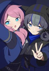 Rule 34 | 2girls, :o, arknights, arm up, blue eyes, blue hair, blue poison (arknights), blush, closed mouth, commentary, double bun, glaucus (arknights), hair bun, hat, highres, hood, hood up, hooded jacket, i211, jacket, long sleeves, low twintails, multicolored hair, multiple girls, open clothes, open jacket, open mouth, pink hair, selfie, streaked hair, symbol-only commentary, twintails, v