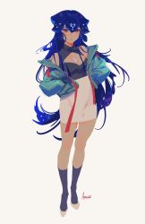 Rule 34 | 1girl, absurdres, artist name, arucelli, bao (vtuber), blue hair, cleavage cutout, clothing cutout, commentary, english commentary, hair between eyes, hands in pockets, highres, indie virtual youtuber, light blush, long hair, looking at viewer, pencil skirt, red eyes, ribbed sweater, skirt, smile, solo, sweater, sweater tucked in, very long hair, virtual youtuber, white skirt