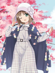 Rule 34 | 1girl, ;d, abe kanari, alternate costume, belt, brown hair, cherry blossoms, cowboy shot, dress, green eyes, high school fleet, kinesaki akane, looking at viewer, low twintails, one eye closed, open mouth, plaid, plaid dress, short hair, smile, solo, twintails, white headwear