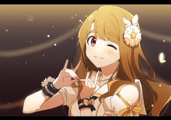 Rule 34 | ap bar, blurry, blurry background, bow, brown hair, bug, butterfly, butterfly hair ornament, clothing cutout, fingers together, flower, hair flower, hair ornament, idol, idolmaster, idolmaster million live!, insect, jewelry, letterboxed, light particles, long hair, looking at viewer, miyao miya, necklace, one eye closed, red eyes, shoulder cutout, thick eyebrows, wavy hair