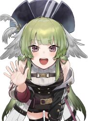 Rule 34 | 1girl, arknights, bare shoulders, black hat, black thighhighs, green hair, hat, hat feather, head wings, highres, landl, long hair, looking at viewer, poncirus (arknights), purple eyes, shirt, short hair, sidelocks, simple background, sleeveless, sleeveless shirt, smile, solo, thighhighs, upper body, white background, wings