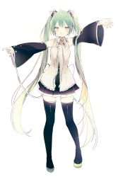 Rule 34 | 1girl, :d, black footwear, black skirt, blue ribbon, blush, boots, collared shirt, commentary request, detached sleeves, full body, green eyes, green hair, grey shirt, hatsune miku, long hair, long sleeves, lpip, neck ribbon, open mouth, outstretched arms, pleated skirt, ribbon, shirt, simple background, skirt, sleeveless, sleeveless shirt, smile, solo, spread arms, thigh boots, thighhighs, twintails, very long hair, vocaloid, white background, wide sleeves, wing collar