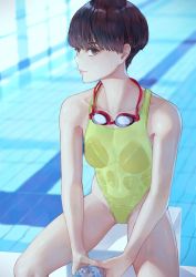 Rule 34 | 1girl, black hair, blunt bangs, bob cut, bottle, collarbone, day, from above, goggles, goggles around neck, highres, kaoming, looking at viewer, looking up, one-piece swimsuit, original, pool, reflection, see-through, short hair, sitting, solo, swimsuit, thighs, yellow one-piece swimsuit