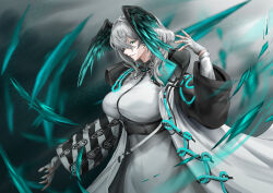 Rule 34 | 1girl, absurdres, aqua eyes, arknights, breasts, clenched teeth, coat, commentary request, dress, fingerless gloves, gloves, grey gloves, grey hair, hand up, head wings, highres, ho&#039;olheyak (arknights), large breasts, long sleeves, looking at viewer, mushuang goner, open clothes, open coat, short hair, solo, teeth, upper body, white coat, white dress, wings