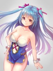 Rule 34 | 1girl, bare shoulders, blue dress, blue eyes, blue hair, breasts, brown eyes, cleavage, collarbone, cowboy shot, dress, dutch angle, hair ribbon, hand on own hip, long hair, looking at viewer, matching hair/eyes, nishizawa, original, pink ribbon, ribbon, side slit, simple background, smile, solo, standing, strapless, strapless dress, twintails, very long hair, wrist cuffs