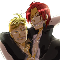 Rule 34 | 2boys, blonde hair, jacket, male focus, marco (one piece), multiple boys, one piece, red hair, scar, shanks (one piece), smile