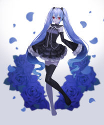 Rule 34 | 1girl, absurdres, black footwear, black necktie, black shirt, black skirt, black thighhighs, blue flower, blue rose, boots, colored skin, detached sleeves, drill hair, flower, frilled shirt, frilled shirt collar, frilled skirt, frilled sleeves, frilled thighhighs, frills, full body, hair between eyes, hatsune miku, headphones, highres, infinity (module), layered skirt, long hair, long sleeves, looking at viewer, necktie, open mouth, petals, project diva (series), purple hair, red eyes, rose, shirt, skirt, sleeves past fingers, sleeves past wrists, solo, standing, standing on one leg, thigh boots, thighhighs, twintails, very long hair, vocaloid, white skin, yoritori, zettai ryouiki
