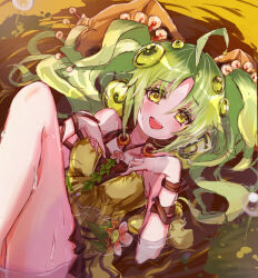 Rule 34 | 1girl, ahoge, bare shoulders, blush, breasts, dress, duel monster, flower, green eyes, green hair, hair flower, hair ornament, highres, jewelry, long hair, looking at viewer, lying, medium breasts, noppe, on back, open mouth, partially submerged, smile, solo, traptrix sera, twintails, yellow dress, yu-gi-oh!