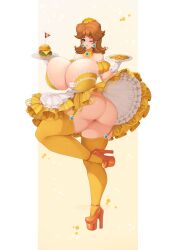 Rule 34 | 1girl, absurdres, ass, bare shoulders, bimbofication, blue eyes, breasts, brown hair, burger, curvy, earrings, female focus, flower, food, french fries, full body, gigantic breasts, gloves, h311uva, highres, huge ass, jewelry, leg lift, mario (series), name tag, nintendo, one eye closed, parted lips, platform footwear, platform heels, princess daisy, short hair, simple background, solo, super mario land, thick lips, thick thighs, thighhighs, thighs, tundromaiden, waitress, waitress uniform