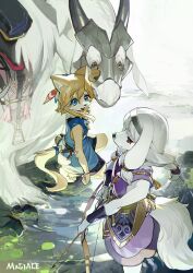 Rule 34 | 2girls, animal ears, armor, arrow (projectile), backlighting, blonde hair, blue dress, blue eyes, bow (weapon), cat ears, cat tail, clothing cutout, dog ears, dog girl, dog tail, dragon, dress, fantasy, faulds, fog, furry, furry female, hair between eyes, hair ornament, hairband, holding, holding bow (weapon), holding weapon, magiace, multiple girls, open mouth, original, outdoors, purple dress, red eyes, rock, saddle, serious, short hair with long locks, sidelocks, signature, sleeveless, squatting, standing, tail, tail through clothes, water, weapon, white hair