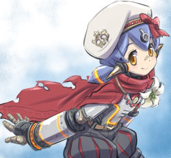 Rule 34 | 1girl, android, arms behind back, beret, bow, cape, closed mouth, flower, hat, hat bow, highres, joints, lily (flower), looking at viewer, nintendo, orange eyes, poppi (xenoblade), poppi alpha (xenoblade), purple hair, red bow, red cape, robot joints, short hair, short twintails, smile, solo, torn cape, torn clothes, twintails, white flower, white hat, xenoblade chronicles (series), xenoblade chronicles 2, yazwo