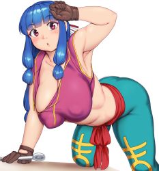 Rule 34 | 1girl, appare-ranman!, aqua legwear, arm support, arm up, armpits, bare shoulders, blue hair, blunt bangs, blush, breasts, brown gloves, collarbone, commentary request, covered erect nipples, crop top, eyeliner, feet out of frame, gloves, hanging breasts, highres, holding, jing xia lian, kneeling, large breasts, long hair, looking at viewer, low-tied long hair, makeup, midriff, orizen, parted lips, pink eyes, shadow, simple background, solo, white background, wrench