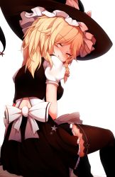 Rule 34 | 1girl, :p, back, black skirt, blonde hair, blush, bow, breasts, closed mouth, covered erect nipples, frills, hagure kedama, hat, heart, highres, kirisame marisa, long hair, looking at viewer, looking back, puffy short sleeves, puffy sleeves, short sleeves, simple background, skirt, solo, thighhighs, thighs, tongue, tongue out, touhou, white background, white bow, witch hat, yellow eyes, zettai ryouiki