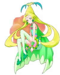 Rule 34 | 1girl, agnete (precure), blonde hair, bloomers, boots, cape, closed mouth, commentary, cure oasis, dress, earrings, facial mark, floating, forehead mark, green cape, green dress, green footwear, hair intakes, high heel boots, high heels, highres, jewelry, kayabakoro, leaf earrings, long hair, looking at viewer, magical girl, pink bloomers, precure, short dress, sitting, sleeveless, sleeveless dress, smile, solo, thigh boots, tropical-rouge! precure, very long hair, wristband, yellow eyes