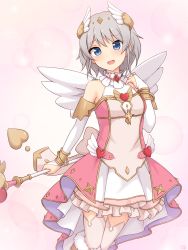 Rule 34 | 1girl, :d, absurdres, bare shoulders, blue eyes, bridal gauntlets, commentary, dress, elbow gloves, frills, gloves, grey hair, hand up, heart, highres, looking at viewer, open mouth, pink background, princess connect!, shiraha maru, short hair, simple background, smile, solo, staff, thighhighs, white background, white gloves, wings, yori (angel) (princess connect!), yori (princess connect!)