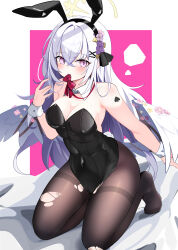 Rule 34 | 1girl, absurdres, angel wings, animal ears, azusa (blue archive), black leotard, black pantyhose, blue archive, blush, breasts, cleavage, closed mouth, covered navel, detached collar, fake animal ears, feathered wings, fengqun, flower, grey hair, hair between eyes, hair flower, hair ornament, halo, highres, leotard, long hair, looking at viewer, medium breasts, pantyhose, pink eyes, pink flower, purple flower, rabbit ears, solo, strapless, strapless leotard, torn clothes, torn pantyhose, white wings, wings, wrist cuffs, yellow halo