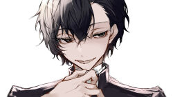 Rule 34 | 1boy, absurdres, bandaged neck, bandages, black eyes, black hair, black jacket, bungou stray dogs, dazai osamu (bungou stray dogs), hair between eyes, highres, jacket, light, looking to the side, male focus, open mouth, portrait, short hair, simple background, smile, solo, white background, ya ta