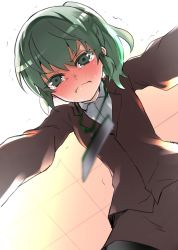 Rule 34 | all fours, angry, blush, closed mouth, coat, collared shirt, commentary request, fang, full-face blush, green eyes, green hair, highres, igarashi futaba (shiromanta), lanyard, lips, looking at viewer, lying, medium hair, office lady, on stomach, overcoat, pantyhose, ponytail, prostration, qqyy8rf9k, senpai ga uzai kouhai no hanashi, shirt, solo, tearing up, tears, trembling, wavy mouth