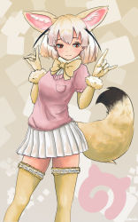 Rule 34 | 10s, 1girl, animal ears, blonde hair, breasts, commentary request, contrapposto, cowboy shot, fennec (kemono friends), fox ears, fox shadow puppet, fox tail, gradient background, highres, japari symbol, kanrobi, kemono friends, light smile, looking at viewer, pink sweater, pleated skirt, red eyes, ribbon, short-sleeved sweater, short hair, short sleeves, skirt, small breasts, standing, sweater, tail, thighhighs, twitter username, white skirt, yellow ribbon, yellow thighhighs, zettai ryouiki