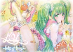 Rule 34 | 1girl, animal slippers, bad id, bad pixiv id, bandaid, bird, blush, bow, bridal garter, bunny slippers, candy, candy wrapper, food, frilled socks, frills, from behind, green eyes, green hair, hatsune miku, legs up, lol -lots of laugh- (vocaloid), long hair, looking at viewer, looking back, lots of laugh, lying, matching hair/eyes, mayo riyo, mouth hold, on stomach, panties, parrot, pocky, slippers, smiley face, socks, solo, star (symbol), too many, twintails, underwear, very long hair, vocaloid, white socks