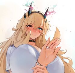 Rule 34 | 1girl, barghest (fate), blonde hair, breasts, dress, fate/grand order, fate (series), green eyes, heterochromia, highres, horns, huge breasts, jewelry, long hair, obazzotto, ring, smile, solo, white background, white dress