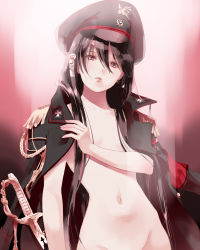 Rule 34 | 1boy, absurdres, aiguillette, androgynous, backlighting, bell, black hair, black hat, black jacket, breasts, brown eyes, closed mouth, cowboy shot, cross, cross earrings, earrings, epaulettes, expressionless, fingernails, flat chest, fuuchouin kazuki, getbackers, hair bell, hair between eyes, hair ornament, hat, head tilt, highres, holding, holding sword, holding weapon, iron cross, jacket, jewelry, jingle bell, lips, long sleeves, looking at viewer, male focus, midriff, military, military uniform, navel, no bra, open clothes, open jacket, out-of-frame censoring, papillon10, peaked cap, sheath, sheathed, single earring, small breasts, solo, star (symbol), stomach, sword, trap, uniform, upper body, weapon
