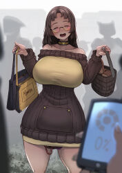 Rule 34 | 1girl, ^ ^, absurdres, bag, black collar, blurry, blurry background, blurry foreground, blush, bread, breasts, brown dress, brown hair, closed eyes, collar, collarbone, commentary, controller, crowd, discreet vibrator, dress, english commentary, facing viewer, food, highres, holding, holding phone, holding weapon, huge breasts, impossible clothes, impossible dress, long hair, long sleeves, mistimagi, mistimagi (character), mole, mole under eye, off-shoulder dress, off shoulder, open mouth, original, phone, pov, pov hands, public indecency, public vibrator, remote control, remote control vibrator, ribbed dress, sex toy, shopping bag, shopping basket, solo focus, sweatdrop, sweater, sweater dress, teeth, upper teeth only, vibrator, vibrator under clothes, weapon, when you see it, wireless sex toy controller