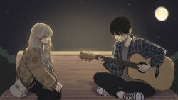 Rule 34 | 1boy, 1girl, acoustic guitar, bag, bench, black hair, black pants, braid, brown hair, bush, cardigan, commentary request, full moon, grey hair, grey shirt, grey skirt, guitar, hair over shoulder, highres, indian style, instrument, jacket, korean commentary, long hair, long sleeves, looking at another, looking away, moon, moonlight, multicolored hair, muryo, music, night, night sky, open clothes, open jacket, original, outdoors, pants, plaid, plaid jacket, playing instrument, shirt, shoes, short hair, singing, sitting, skirt, sky, smile, sneakers, star (sky), streaked hair, sweater, twin braids, twintails