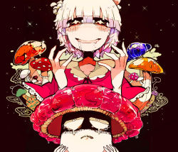Rule 34 | + +, 1girl, arms up, black background, blunt bangs, blush, crying, crying with eyes open, drooling, mushroom, original, short hair, simple background, smile, solo, sparkle, star (symbol), tears, terada tera, trait connection, upper body, white hair