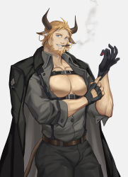 Rule 34 | 1boy, adjusting clothes, adjusting gloves, animal ears, arknights, bara, bare pectorals, beard, black pants, blonde hair, bulge, chest harness, cigar, coat, coat on shoulders, cow boy, cow ears, cow horns, cow tail, cowboy shot, eurill pides (arknights), facial hair, gloves, grey shirt, harness, highres, horns, large pectorals, looking at viewer, male focus, mature male, muscular, muscular male, nipples, pants, partially unbuttoned, pectorals, shirt, short hair, smoking, solo, tail, tengo (maotengo), thick thighs, thighs, tight clothes, tight pants