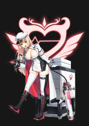 Rule 34 | 1girl, armband, black choker, black footwear, blonde hair, boots, breasts, choker, cleavage, closers, coat, dress, fake horns, gloves, green eyes, halterneck, hat, highres, holding, horns, knee boots, large breasts, leaning forward, long hair, long sleeves, looking at viewer, non-web source, official art, open clothes, open coat, open mouth, peaked cap, pelvic curtain, short dress, sleeveless, sleeveless dress, smile, solo, soma (closers), spaghetti strap, standing, thigh strap, thighhighs, thighs, two-tone dress, very long hair, white coat, white dress, white gloves, white hat, white thighhighs, wing collar, zettai ryouiki