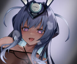 Rule 34 | 1girl, absurdres, azur lane, bare shoulders, cleavage, grey background, headgear, heart, heart-shaped pupils, highres, long hair, looking at viewer, new jersey (azur lane), open mouth, purple eyes, purple hair, saliva, see-through, see-through cleavage, simple background, solo, symbol-shaped pupils, teeth, tongue, tongue out, upper teeth only, yoyoleaf