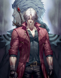 Rule 34 | 2boys, arms at sides, bandaged arm, bandages, belt, belt buckle, black gloves, black pants, brothers, brown belt, buckle, buttons, closed eyes, closed mouth, coat, collarbone, collared coat, commentary, cowboy shot, dante (devil may cry), devil may cry (series), devil may cry 5, devil sword dante, facial hair, fingerless gloves, gloves, grey hair, grey shirt, hair over eyes, highres, male focus, multiple boys, open clothes, open coat, pants, parted bangs, rebellion (sword), red coat, shaded face, shirt, short hair, siblings, sleeves past wrists, sleeves rolled up, smile, standing, stubble, sword, talgi, vergil (devil may cry), weapon, weapon on back
