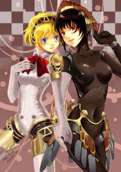 Rule 34 | 2girls, aegis (persona), android, atlus, black hair, blonde hair, blue eyes, blush, bow, checkered background, holding hands, joints, metis (persona), multiple girls, persona, persona 3, red eyes, ribbon, robot joints, short hair, smile, youhe, youhe qri