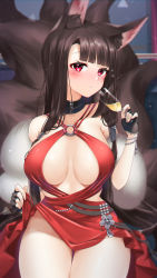 Rule 34 | 1girl, absurdres, akagi (azur lane), akagi (ruby-laced beauty) (azur lane), akagi (ruby-laced beauty) (azur lane), animal ear fluff, animal ears, azur lane, bare shoulders, bead bracelet, beads, black choker, black gloves, blunt bangs, blurry, blurry background, blush, boat, bracelet, breasts, breasts apart, brown hair, champagne flute, choker, chromatic aberration, clothes lift, commentary request, cowboy shot, criss-cross halter, cup, depth of field, dress, dress lift, drinking glass, fingerless gloves, fingernails, fox ears, fox girl, fox tail, glint, gloves, groin, half gloves, halterneck, hand up, highres, holding, holding cup, indoors, jewelry, kitsune, large breasts, lifted by self, long fingernails, long hair, looking at viewer, multiple tails, no panties, o-ring, official alternate costume, parted lips, red dress, red eyes, seele0907, sideways glance, sleeveless, sleeveless dress, solo, standing, tail, thigh gap, very long hair, watercraft