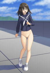 Rule 34 | 1girl, black-framed eyewear, black eyes, black hair, blouse, blue sailor collar, blue shirt, blue sky, bottomless, cleft of venus, cloud, cloudy sky, commentary request, cross-laced footwear, day, full body, glasses, highres, long sleeves, looking to the side, maburu (lojyq1eur3e8bit), medium hair, neckerchief, open mouth, original, outdoors, pussy, sailor collar, school uniform, serafuku, shirt, shoes, sky, smile, sneakers, socks, solo, standing, white footwear, white neckerchief, white socks