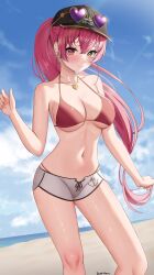 Rule 34 | 1girl, artist name, bare arms, bare shoulders, bikini, black headwear, blush, breasts, closed mouth, collarbone, commission, dokimaru, earrings, eyewear on headwear, hair ornament, hair ribbon, hand up, hat, heart, heart-shaped eyewear, heart necklace, heterochromia, highres, hololive, houshou marine, houshou marine (summer), jewelry, large breasts, looking at viewer, medium hair, micro shorts, navel, necklace, ponytail, red bikini, red eyes, red hair, red ribbon, ribbon, second-party source, shorts, smile, stomach, sunglasses, swimsuit, thighs, underboob, virtual youtuber, yellow eyes