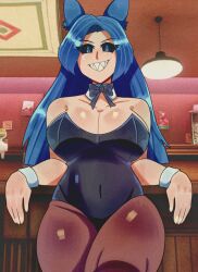 Rule 34 | 1girl, animal ear fluff, animal ears, bar, bar (place), bare shoulders, black leotard, black sclera, blue eyes, blue hair, breasts, cat ears, ceiling, ceiling light, cleavage, colored sclera, covered navel, eyelashes, female focus, forehead, freckles, grin, highres, indoors, large breasts, leotard, light, long hair, looking at viewer, lueduar, neck ribbon, original, pantyhose, playboy bunny, ribbon, sharp teeth, shiny clothes, shiny skin, smile, solo, teeth, thick thighs, thighs, wristband
