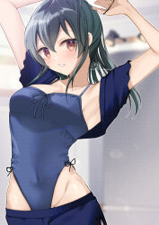Rule 34 | 1girl, armpits, arms up, blue leotard, blue shorts, blurry, blurry background, blush, breasts, collarbone, commission, covered navel, double-parted bangs, green hair, groin, hamcheeseand, highleg, highleg leotard, highres, idolmaster, idolmaster cinderella girls, leotard, looking at viewer, medium breasts, ohishi izumi, rubber band, shorts, skeb commission, solo, tying hair