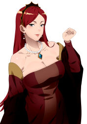 Rule 34 | 1girl, absurdres, breasts, cleavage, dress, earrings, grey eyes, highres, hilda boreas greyrat, jewelry, large breasts, long hair, mature female, mushoku tensei, necklace, pearl earrings, pearl necklace, plain 222, red dress, red hair, simple background, solo, white background