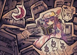 Rule 34 | 1girl, :|, blue ribbon, blush, book, book stack, bookshelf, candle, closed mouth, commentary, crescent moon, cup, dress, fire, hair ribbon, hat, hat ribbon, holding, holding book, itomugi-kun, jitome, library, long hair, mob cap, moon, open book, paper cutout, patchouli knowledge, purple dress, purple eyes, purple hair, purple hat, reading, red moon, red ribbon, remilia scarlet, ribbon, sidelocks, solo, teacup, touhou, very long hair