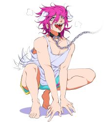 1boy alternate_costume animal_ears bare_arms bare_shoulders barefoot black_collar blush chain chain_leash collar cosmo_(unifycurlyfry) danganronpa_(series) danganronpa_2:_goodbye_despair dog_boy dog_ears dog_tail green_shorts grey_tank_top highres leash saliva sharp_teeth shorts smile soda_kazuichi solo squatting tail tail_wagging tank_top teeth tongue tongue_out white_background