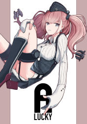 Rule 34 | 1girl, atlanta (kancolle), black legwear, black skirt, blouse, boushi-ya, breasts, brown hair, earrings, garrison cap, garter straps, gloves, grey eyes, hat, high-waist skirt, jewelry, kantai collection, large breasts, long hair, long sleeves, looking at viewer, parted lips, partially fingerless gloves, rudder footwear, shirt, skirt, solo, star (symbol), star earrings, suspender skirt, suspenders, thigh strap, twintails, two side up, white shirt