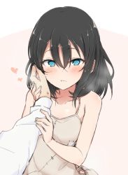 Rule 34 | 1girl, :t, bare arms, bare shoulders, black hair, blue eyes, blush, collarbone, commentary, dress, hair between eyes, hand grab, hand on another&#039;s cheek, hand on another&#039;s face, heart, highres, layla (mino), long hair, looking at viewer, original, pov, pov hands, ringed eyes, simple background, solo focus, upper body
