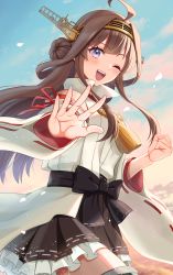 Rule 34 | 1girl, ahoge, blue sky, boots, brown hair, cloud, cloudy sky, day, detached sleeves, double bun, hair bun, hairband, hakama, hakama short skirt, hakama skirt, headgear, highres, japanese clothes, kantai collection, kongou (kancolle), kongou kai ni (kancolle), long hair, looking at viewer, natsume (natsume melio), nontraditional miko, one eye closed, open mouth, outdoors, petals, popped collar, purple eyes, ribbon-trimmed sleeves, ribbon trim, skirt, sky, smile, solo, thigh boots, twitter username