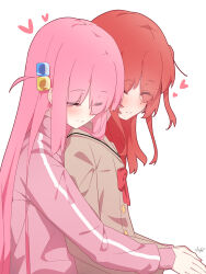 Rule 34 | 2girls, absurdres, blush, bocchi the rock!, closed eyes, closed mouth, commentary request, cube hair ornament, gotoh hitori, hair ornament, heart, highres, jacket, kita ikuyo, multiple girls, one side up, pink hair, pink jacket, red hair, split mouth, strings-lover, yuri