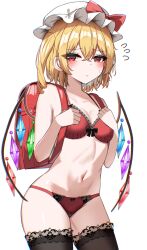 1girl absurdres bag blonde_hair blush bow bow_bra bow_panties bra breasts commentary_request crystal embarrassed flandre_scarlet front-tie_bra hair_between_eyes half-closed_eyes hands_up hat hat_bow highres hip_focus kiui_(dagk8254) lace lace-trimmed_legwear lace_trim leaning_forward light_frown looking_at_viewer medium_breasts medium_hair navel panties red_bow red_bra red_eyes red_panties school_bag side_ponytail small_breasts solo standing thighhighs touhou underwear underwear_only wings